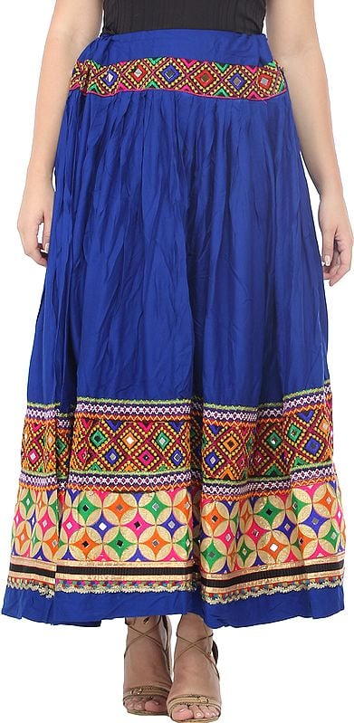 Turkish-Sea Ghagra Skirt from Kutch with Embroidered Patch Border and Mirrors