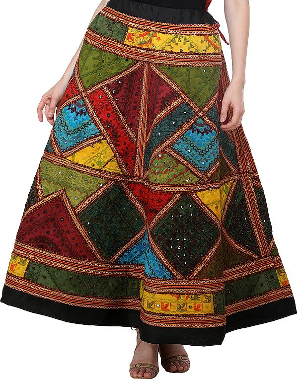Phantom-Black Ghagra Skirt from Gujarat with Aari Embroidered Kutch Patches and Mirrors