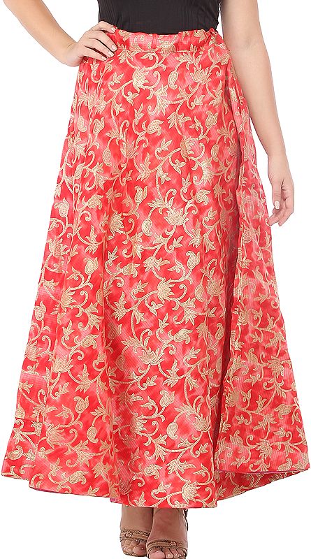 Tomato-Red Kora-Cotton Tie-Dye Long Skirt from Gujarat with Printed Golden Florals