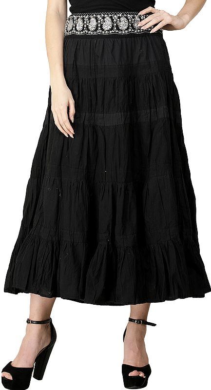 Phantom-Black Midi Skirt with Zari Embroidery and Sequins Embellished Paisleys on Waist