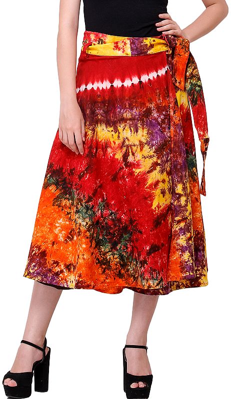 Multicolored Wrap-Around Tie-Dye Batik Midi Skirt