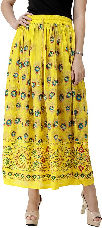 Long Skirt with Printed Peacock Feathers