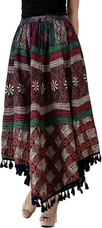 Printed Fish-Cut Skirt with Tassels on Border | Exotic India Art