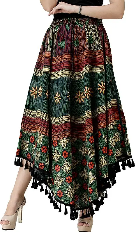 Printed Fish-Cut  Skirt with Tassels on Border