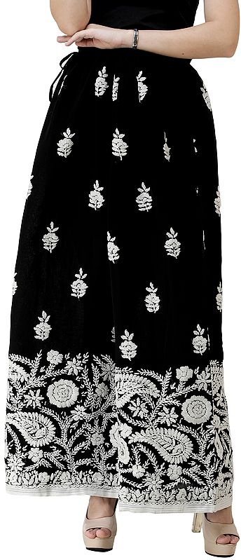 Caviar-Black Phulkari Embroidered Palazzo Trousers with Studded Sequins