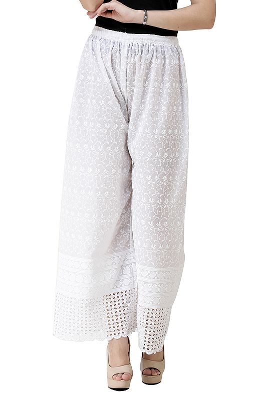 Bright White Crochet Embroidered Palazzo Trousers with Cut Work on Border