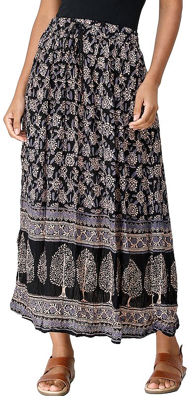 Caviar-Black Elastic Long Skirt with Printed Florals and Trees