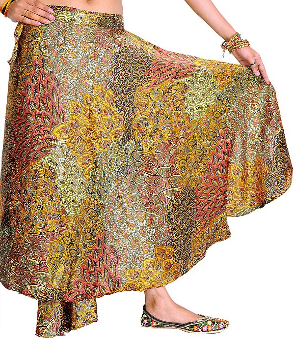Satin Wrap-Around Midi Skirt with Printed Flowers