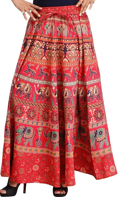 Long Skirt from Pilkhuwa with Printed Elephants and Deer