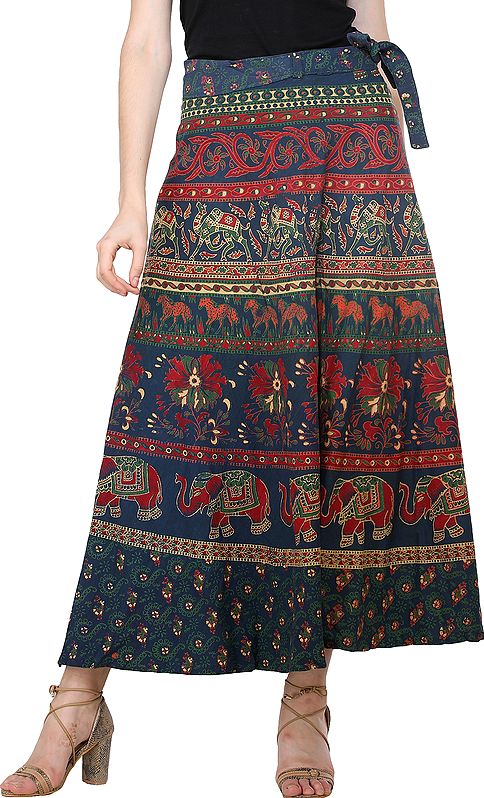 Design-Blue Wrap-Around Long Floral Skirt with Printed Elephants, Camels and Horses