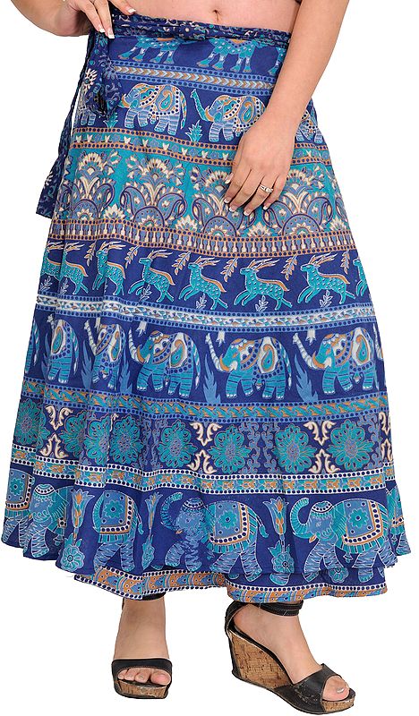 Ensign-Blue Wrap-Around Skirt with Printed Elephants and Deers