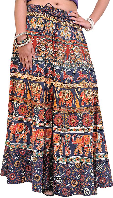 Long Sanganeri Printed Skirt with Elephants and Deers