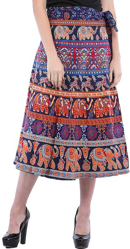 Wrap-Around Sanganeri Skirt with Printed Elephants and Deers