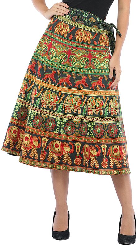 Wrap-Around Sanganeri Skirt with Printed Elephants and Deers