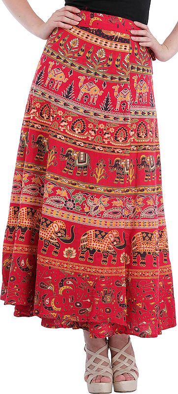 Wrap-On Long Skirt with Printed Elephants and Camels