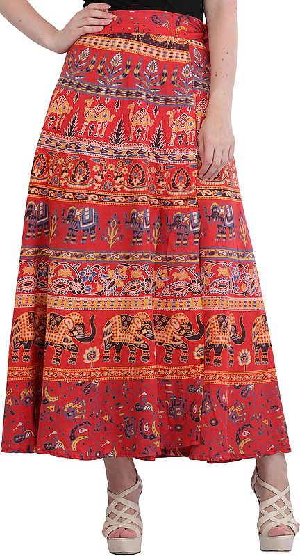 Wrap-On Long Skirt with Printed Elephants and Camels