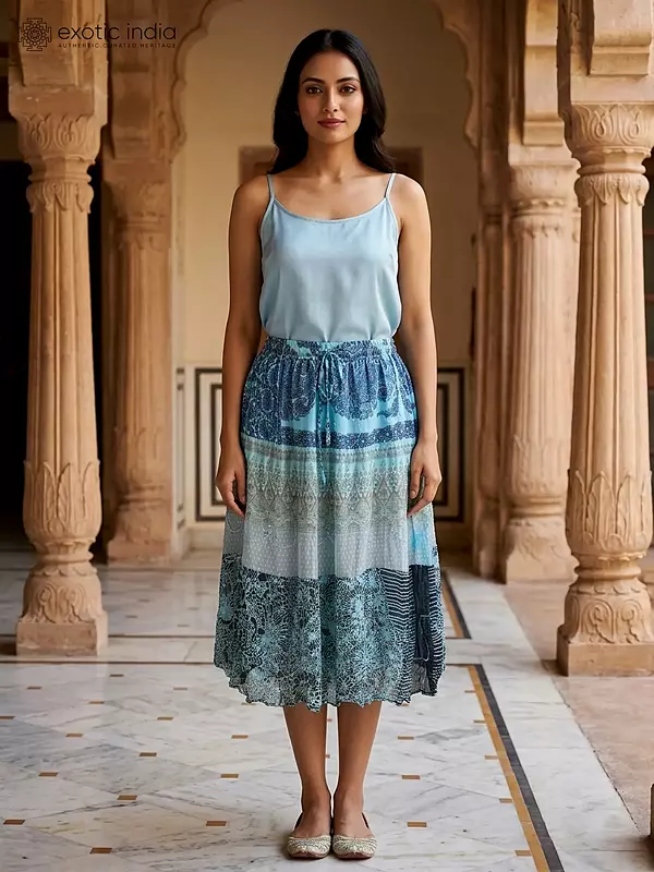 Midi-Skirt with Printed Flowers and Patchwork