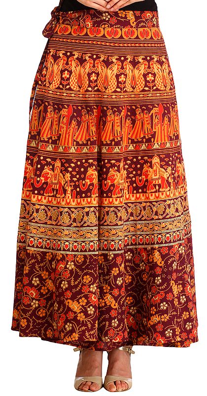 Wrap-around Long Skirt with Printed Wedding Scenes