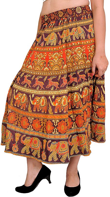 Stone-Brown Sanganeri Midi Skirt with Elephants and Deer Motifs
