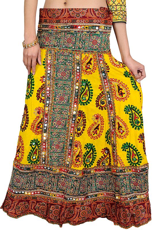 Lemon-Chrome Ghagra Skirt form Rajasthan with Printed Paisley and Large Sequins