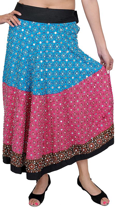 Blue and Pink Long Skirt with Beadwork