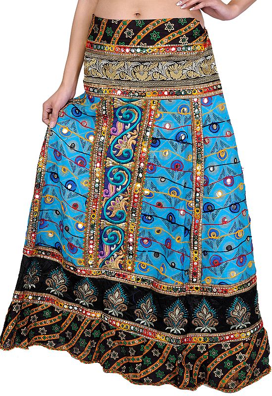 Cyan-Blue Long Ghagra Skirt from Rajasthan with Embroidery and Sequins