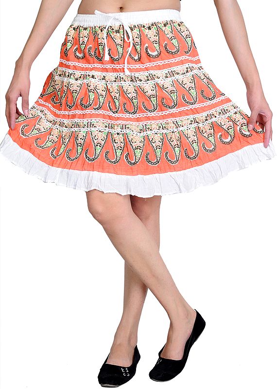 Coral Short-Skirt with Printed Paisleys and Lace