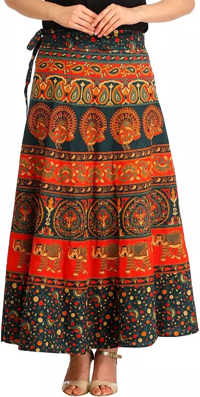 Sanganeri Wrap-Around Long Skirt with Printed Peacocks and Elephants