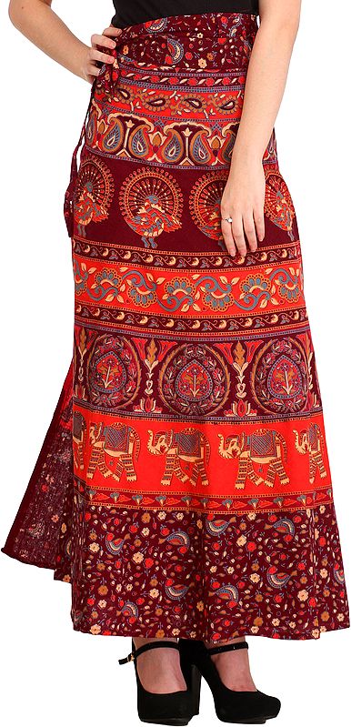 Sanganeri Wrap-Around Long Skirt with Printed Peacocks and Elephants