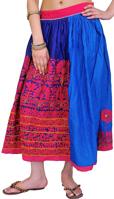 Mazarine-Blue and Pink Aari-Embroidered Skirt from Kutch
