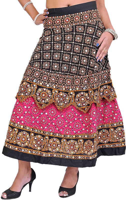 Magenta and Black Ghagra Skirt with All-Over Sequins and Beads