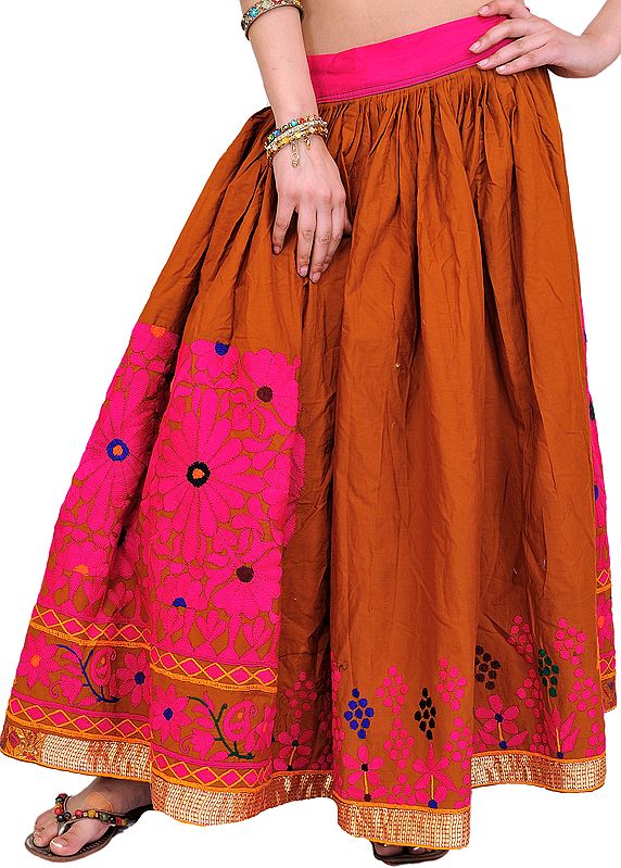 Lather-Brown and Pink Aari-Embroidered Skirt from Kutch