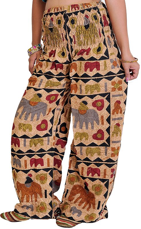 Tan-Brown Casual Stone-washed Trousers with Printed Elephants