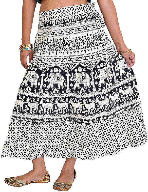 Black and White Wrap-Around Sanganeri Skirt with Printed Elephant and Deers