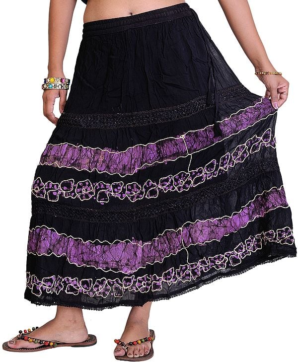 Long Embroidered Skirt with Batik Print and Lace