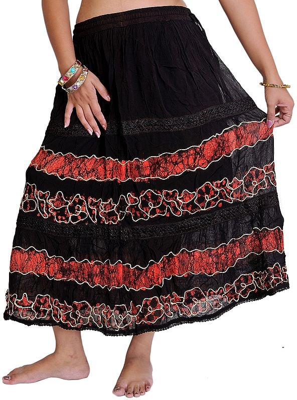 Georgette Long Embroidered Skirt with Batik Print and Lace