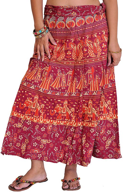 Wrap-Around Sanganeri Skirt with Printed Marriage Procession