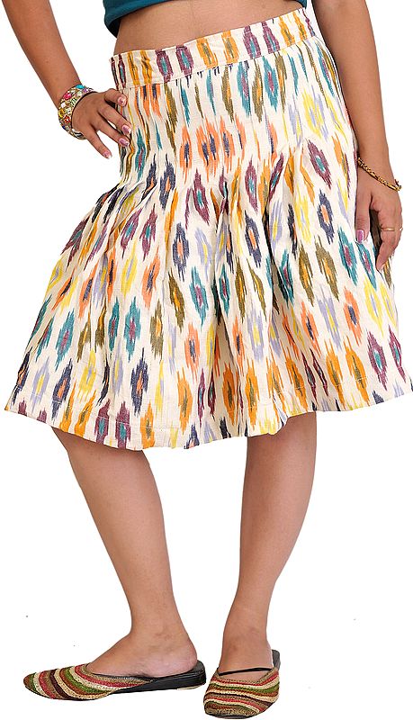 Snow-White Short Pleated Skirt from Pochampally with Ikat Weave