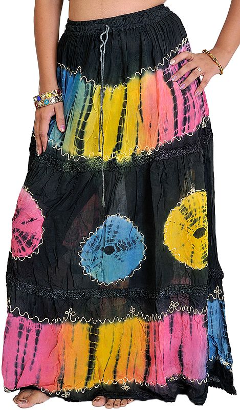 Jet Black Batik Skirt with Threadwork