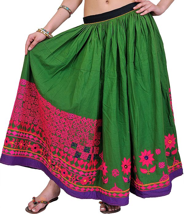 Treetop-Green and Pink Aari-Embroidered Skirt from Kutch