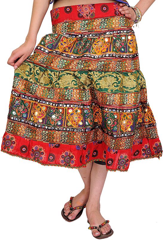 Multi-Color Midi Skirt from Gujarat with Crewel Embroidered Flowers