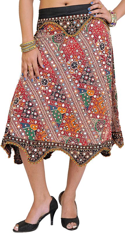MultiColor Midi-Skirt from Gujarat with Sequins and Beadwork