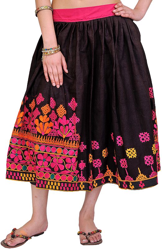 Jet Black and Pink Aari-Embroidered Ghagra Skirt from Kutch