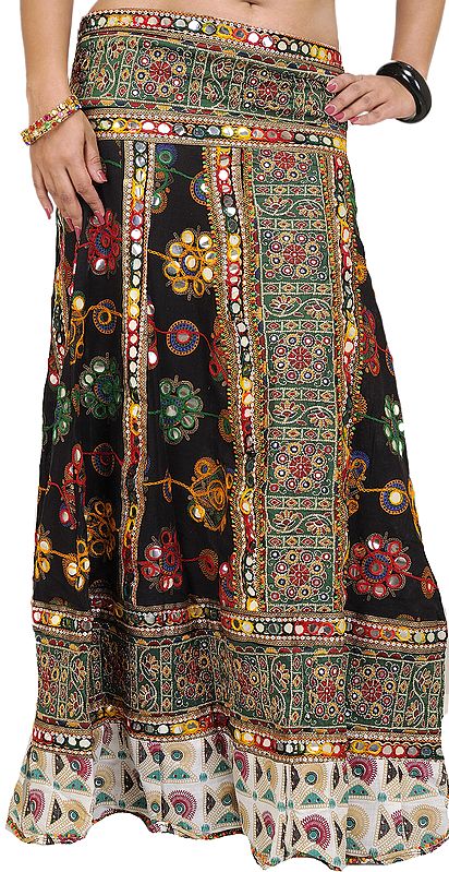 Jet-Black Long Skirt from Gujarat with Crewel Embroidery and Mirrors