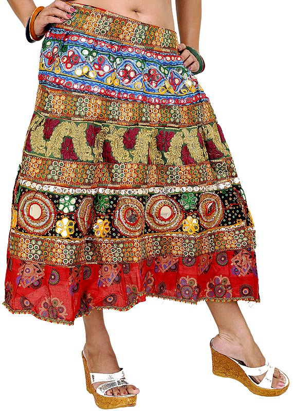 Multi-Color Ghagra Patchwork Skirt from Gujarat with Crewel Embroidered Flowers
