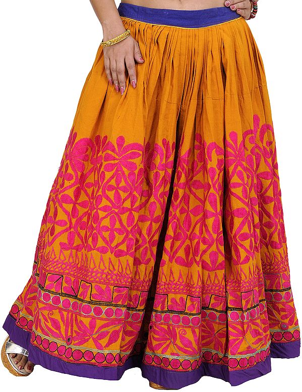 Buckskin-Brown and Pink Aari Embroidered Ghagra Skirt from Kutch