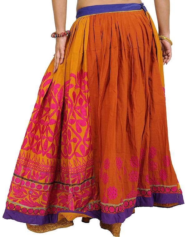 Buckskin-Brown and Pink Ari Embroidered Ghagra Skirt from Kutch