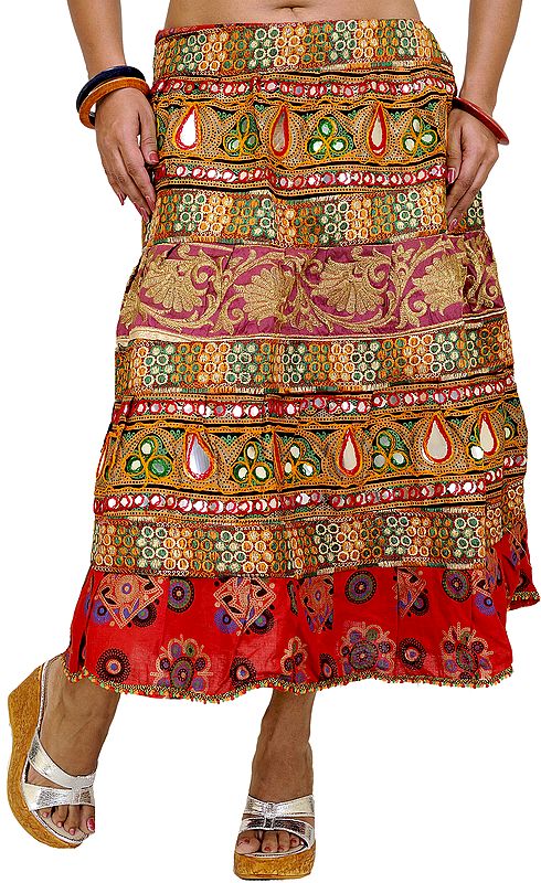 Rio-Red Ghagra Patchwork Skirt from Gujarat with Crewel Embroidery and Mirrors