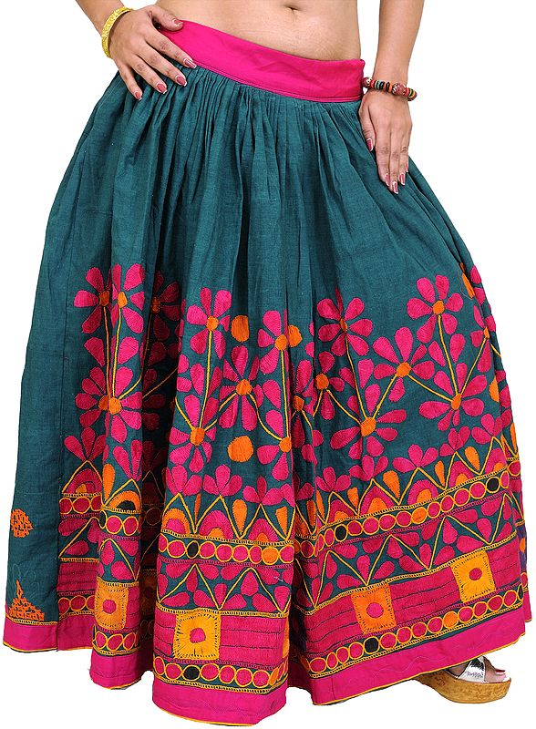 Forest-Green and Pink Aari Embroidered Skirt from Kutch