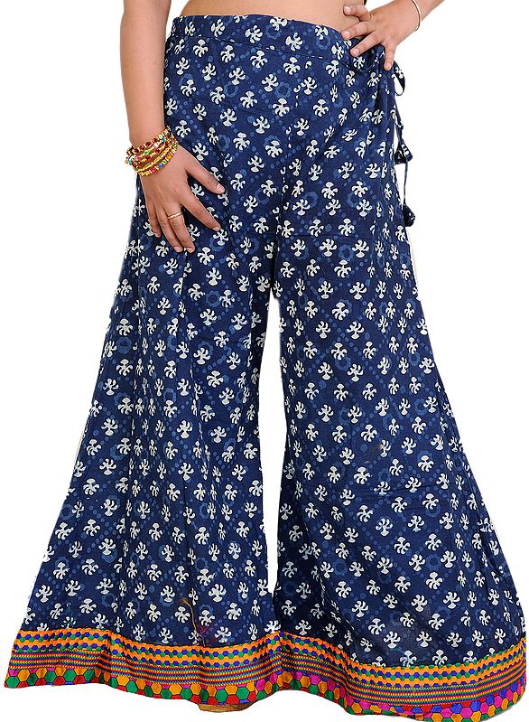 Estate-Blue Palazzo Pants from Pilkhuwa with Bagdoo Print and Patch Border